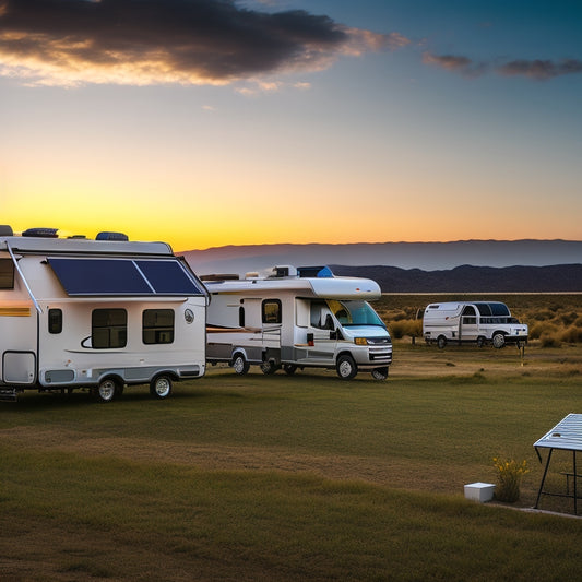 A serene RV campsite at sunset with a solar panel array on the roof, a wind turbine in the background, and a small battery bank visible through the RV's open door.