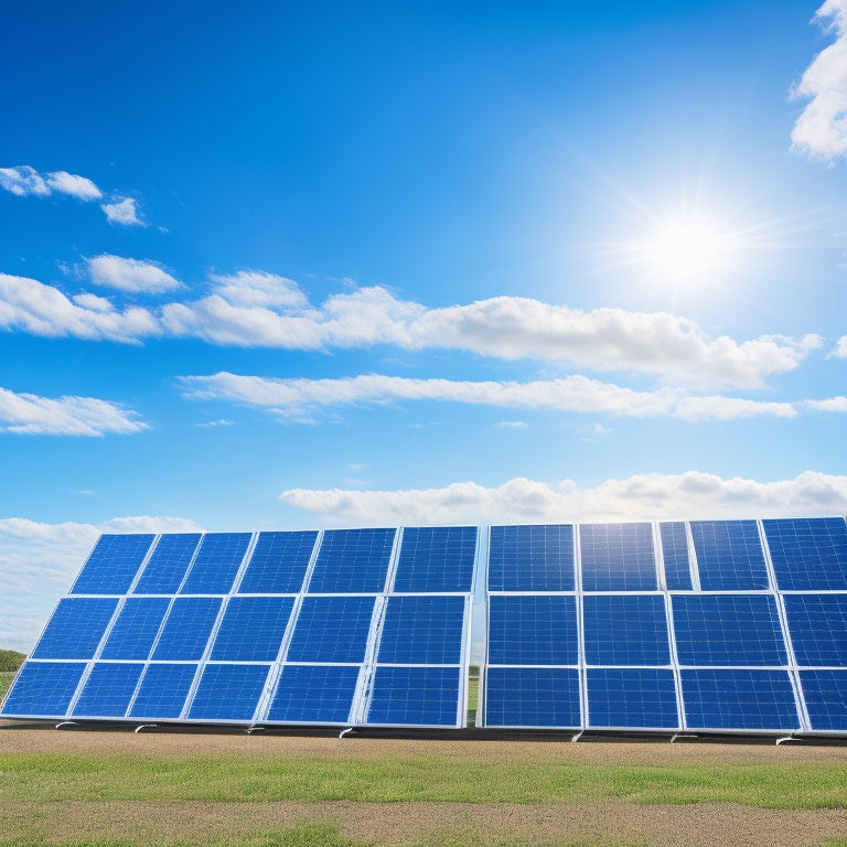 A futuristic illustration of a solar panel array with sleek, silver energy storage units in the background, connected by glowing blue circuitry, set against a bright blue sky with a few wispy clouds.