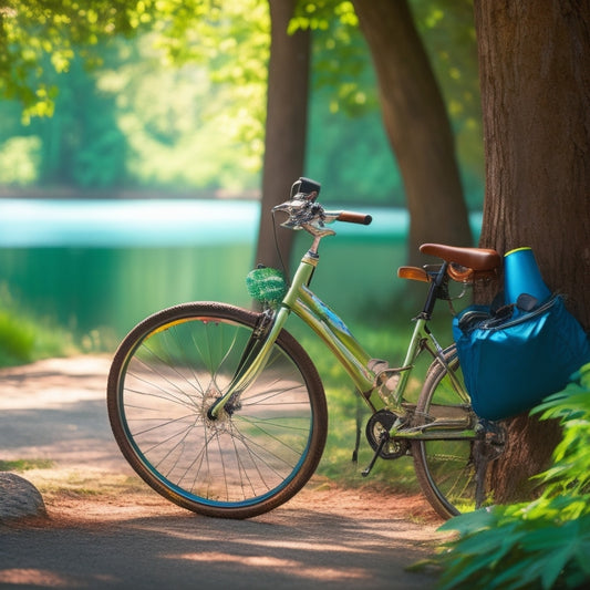 A serene, natural background with a bicycle leaning against a tree, surrounded by lush greenery, with a reusable water bottle, a cloth saddle bag, and a pair of eco-friendly sunglasses lying nearby.