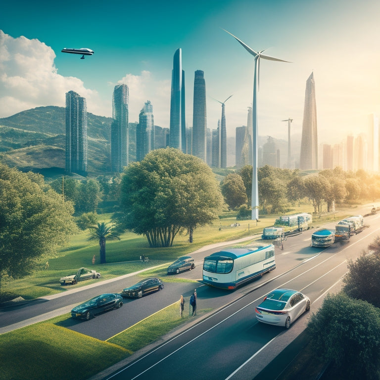 An illustration depicting a futuristic cityscape with sleek, electric vehicles of varying types (cars, buses, scooters) zipping by, surrounded by lush greenery, solar panels, and wind turbines.