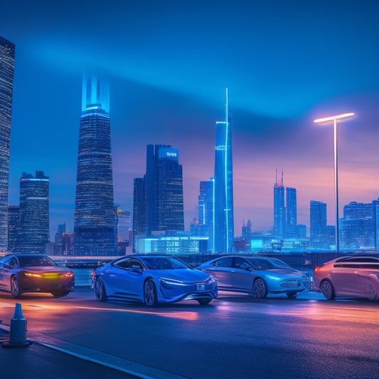 An illustration of a modern cityscape at dusk, with electric vehicles parked in front of sleek, futuristic charging stations, glowing with soft blue light, amidst a backdrop of sleek skyscrapers and neon lights.