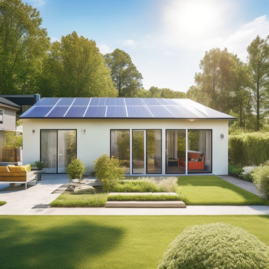 A sunny backyard with a modern house featuring a sleek solar panel roof, surrounded by lush greenery and a few fluffy white clouds in a bright blue sky.