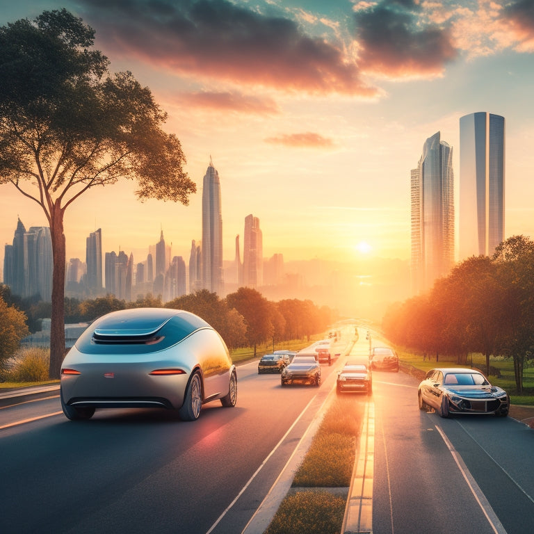 A futuristic cityscape at sunset with sleek, silver electric vehicles parked alongside roads lined with lush greenery, featuring EVs with built-in solar panels on their roofs, hoods, or trunks.