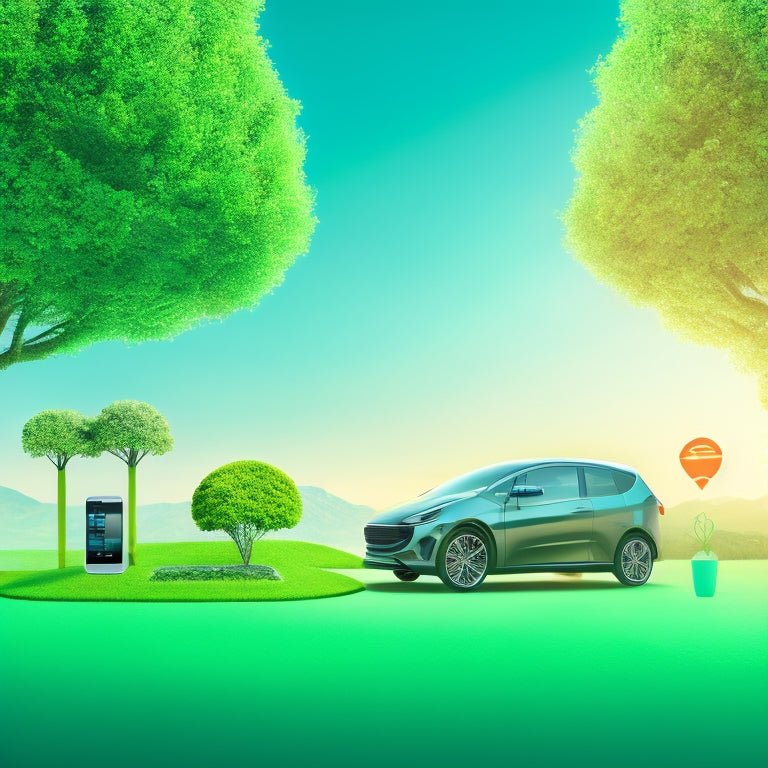 A futuristic, minimalist illustration featuring a sleek, electric car silhouette in the center, surrounded by orbiting icons of laptops, smartphones, and eco-friendly leaves, set against a calming, soft-green background.