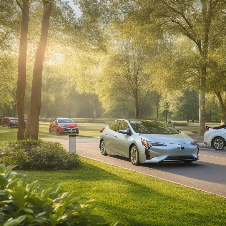 A serene cityscape with a mix of electric and hybrid vehicles, including a sleek Toyota Prius, a Hyundai Ioniq, and a Nissan Leaf, parked in front of a lush green park with blooming trees.