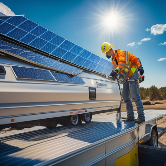 An illustration of a person in a reflective vest and hard hat, standing on the roof of a recreational vehicle, cleaning a solar panel with a soft-bristled brush and spray bottle.