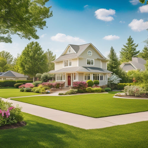 A serene suburban neighborhood with a few houses, one with a prominent "SOLD" sign, surrounded by lush greenery and a bright sunny sky, with a subtle hint of money and coins scattered around the lawns.