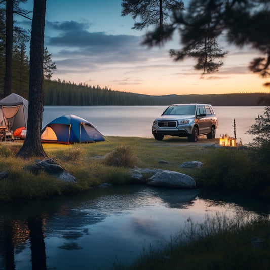 A serene lakeside campsite at dusk, with a parked SUV in the background, surrounded by lush greenery, and a few camping essentials, such as a tent, sleeping bag, and portable grill, scattered around.