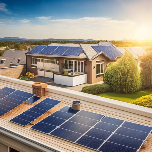 An illustration of a residential rooftop with solar panels, a magnifying glass zoomed in on a single panel with a shield or badge emblem, surrounded by a subtle background of warranty certificates and contracts.