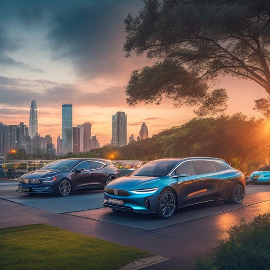 A serene urban landscape at dusk, with 3-4 sleek electric cars parked in a row, each plugged into a modern, futuristic-looking charging station, surrounded by lush greenery and a cityscape in the background.