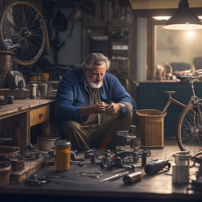 A warm, sunset-lit scene of a senior cyclist, 65+, sitting on a workbench, surrounded by bike tools and parts, with a partially disassembled bike in the foreground.