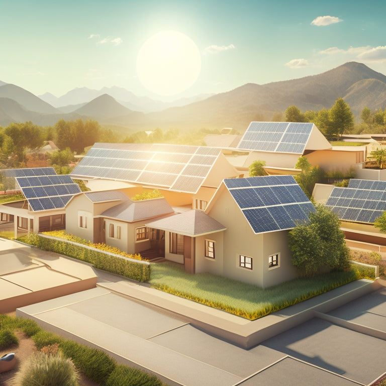 A stylized illustration of a sunny landscape with multiple rooftops, each featuring a unique solar panel installation, varying in size, shape, and design, with subtle gradient effects and gentle shadows.