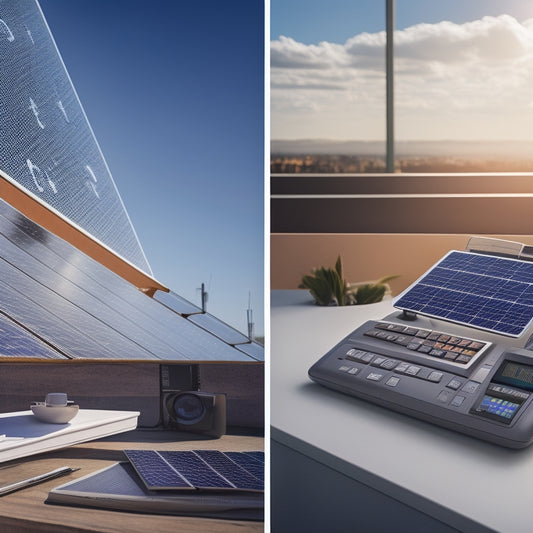 Illustrate a split-screen image: left side features a sleek, modern rooftop with a solar panel array, while the right side showcases a calculator surrounded by scattered wattage and currency symbols on a cluttered desk.