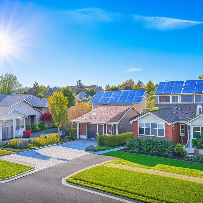 A serene suburban neighborhood with various houses, each featuring solar panels on rooftops, against a bright blue sky with a few puffy white clouds and a subtle sun shining down.