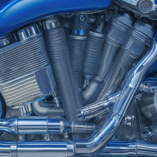 A close-up of a motorcycle engine, with gleaming chrome pipes and bolts, surrounded by wrenches, air filters, and fuel injectors, set against a dark, gradient blue background, with subtle engine blueprint lines.