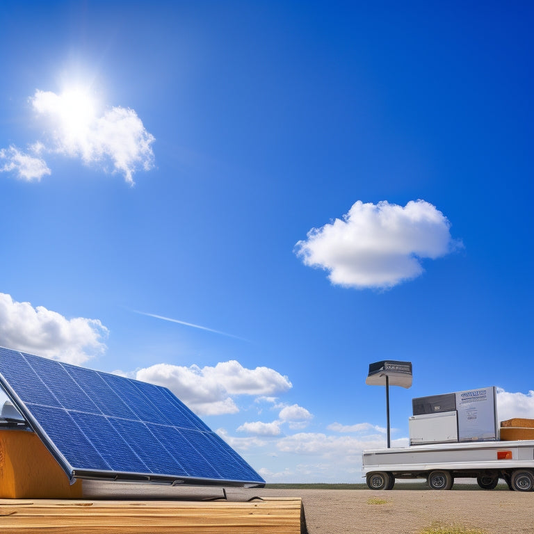 A bright blue sky with fluffy white clouds, a roof with installed solar panels at an angle, and a laptop in the foreground with a shopping cart icon on the screen.