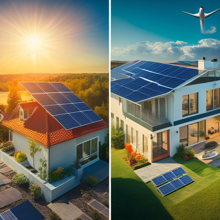 Illustrate a split-screen image featuring a residential rooftop with solar panels on one side, and a cluster of icons on the other, including a house, money bag, sun, and a puzzle piece, surrounded by subtle grid lines.