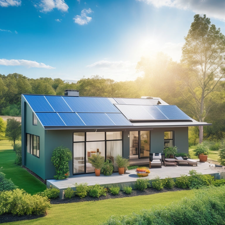 A serene, modern home surrounded by lush greenery, with a sleek, black off-grid solar panel system installed on its rooftop, amidst a bright blue sky with a few wispy clouds.