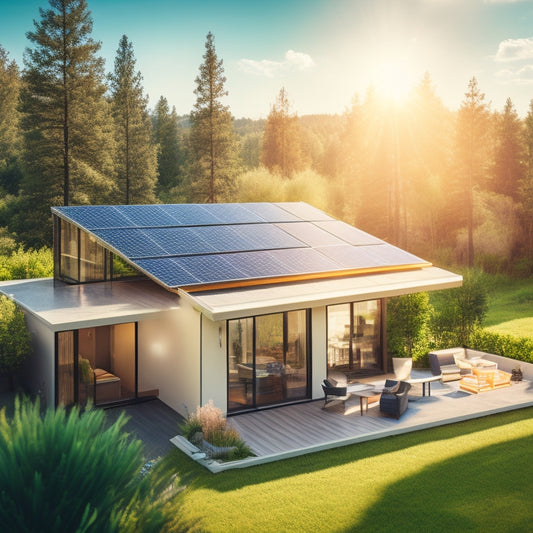 A sunny day with a modern, eco-friendly home in the center, surrounded by lush greenery, with solar panels installed on the roof, and a subtle grid of connected nodes in the background, symbolizing online connectivity.