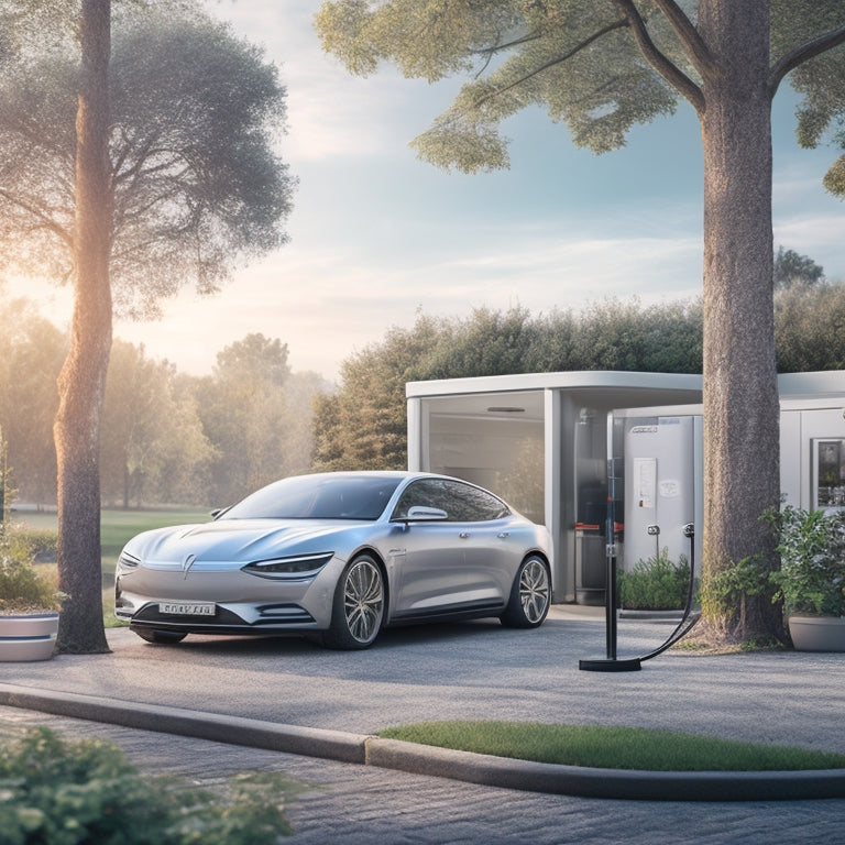 An illustration of a modern, sleek garage with a silver electric vehicle parked beside a charging station, surrounded by greenery and a subtle cityscape background.