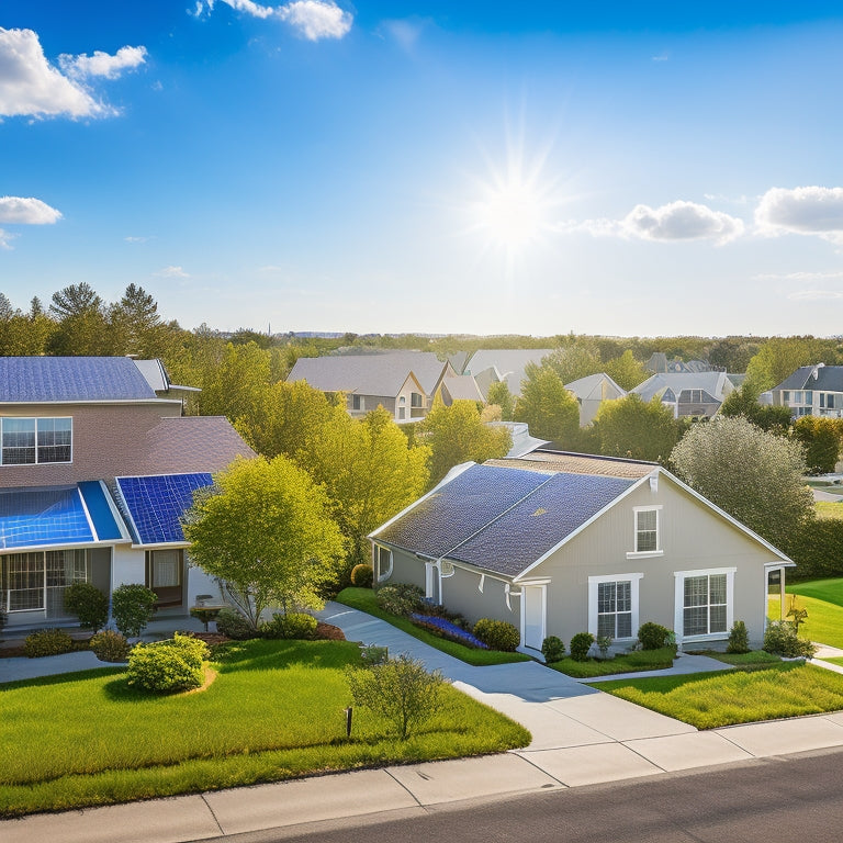 A serene suburban neighborhood with various houses, some with solar panels on rooftops, amidst a bright blue sky with a few white, puffy clouds and a subtle sun in the background.