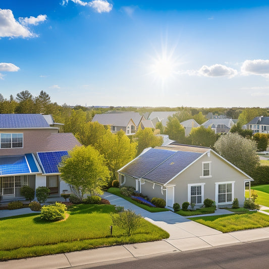 A serene suburban neighborhood with various houses, some with solar panels on rooftops, amidst a bright blue sky with a few white, puffy clouds and a subtle sun in the background.