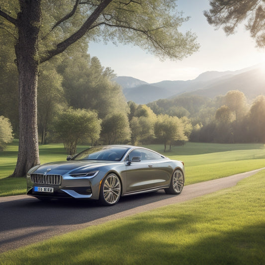 A sleek, silver car with a gleaming black solar panel roof, parked in a sunny, cloudless sky, surrounded by lush green trees and a subtle, winding road in the background.