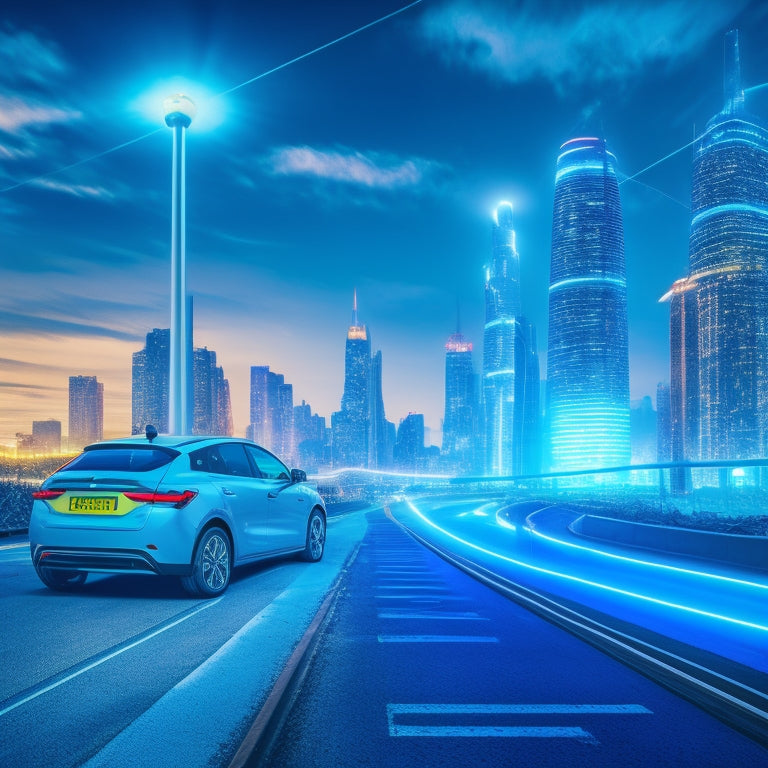 An illustration depicting a futuristic cityscape with sleek, electric vehicles parked alongside a grid of glowing blue lines, with sparks of electricity arcing between the two, set against a gradient blue and green background.