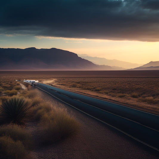 A scenic landscape featuring a stranded car on a deserted highway, with a faint cityscape in the distance, alongside a portable energy solution, such as a battery pack or solar panel, prominently displayed.