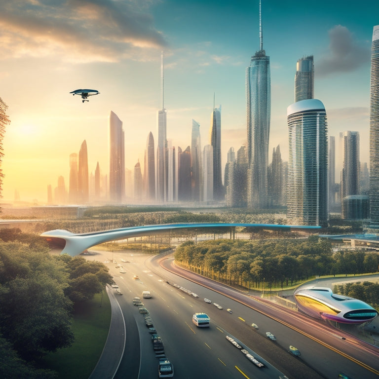 A futuristic cityscape at dusk, with sleek, silver, self-driving cars and hyperloops zipping by, amidst towering skyscrapers and verdant green spaces, with flying drones and air taxis overhead.