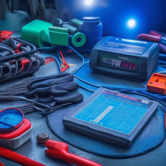 A close-up of a car battery with a pair of gloves and a multimeter nearby, surrounded by scattered battery terminals, wires, and a few scattered tools on a cluttered workbench.