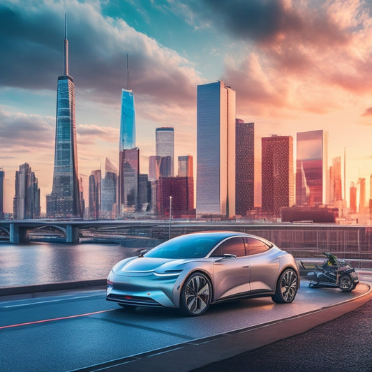 A futuristic, minimalist background with a sleek, silver electric vehicle prominently displayed, surrounded by various charging kits and cables, with a cityscape blurred in the distance.