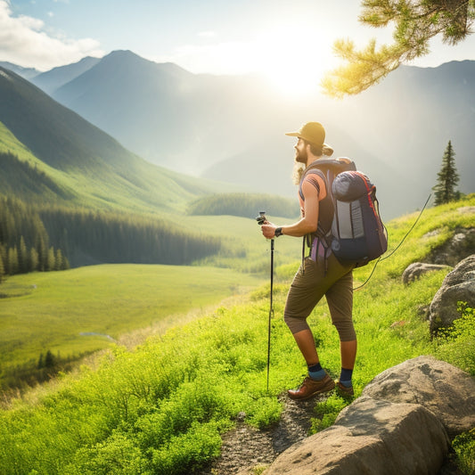 A backpacker hiking in a mountainous landscape, with a portable solar panel strapped to their pack, charging a power bank connected to a smartphone, amidst lush greenery and a sunny sky.