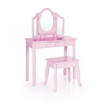 Load image into Gallery viewer, Shop here guidecraft vanity and stool pink kids wooden table and chair set with 3 mirrors and make up drawer storage for toddlers childrens furniture