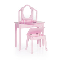 Load image into Gallery viewer, Shop for guidecraft vanity and stool pink kids wooden table and chair set with 3 mirrors and make up drawer storage for toddlers childrens furniture