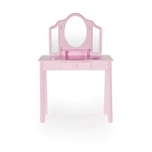 Load image into Gallery viewer, Shop guidecraft vanity and stool pink kids wooden table and chair set with 3 mirrors and make up drawer storage for toddlers childrens furniture