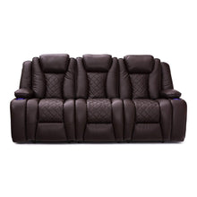 Load image into Gallery viewer, Top seatcraft europa home theater seating power recline leather gel sofa adjustable powered headrests cup holders power charging station hidden in arm storage sofa brown