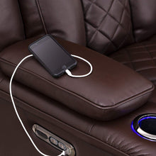 Load image into Gallery viewer, Storage seatcraft europa home theater seating power recline leather gel sofa adjustable powered headrests cup holders power charging station hidden in arm storage sofa brown
