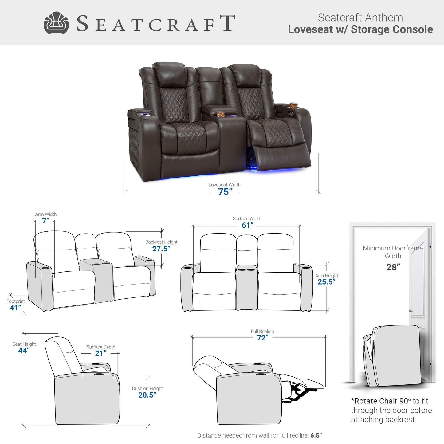 Storage organizer seatcraft anthem home theater seating leather power recline loveseat with center storage console powered headrests storage and cupholders brown