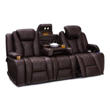 Load image into Gallery viewer, Shop for seatcraft europa home theater seating power recline leather gel sofa adjustable powered headrests cup holders power charging station hidden in arm storage sofa brown