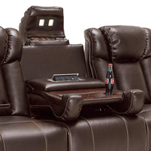 Load image into Gallery viewer, Organize with seatcraft sigma home theater seating sofa leather gel recline with adjustable powered headrests center fold down table hidden in arm storage ac usb charging and lighted cup holders brown