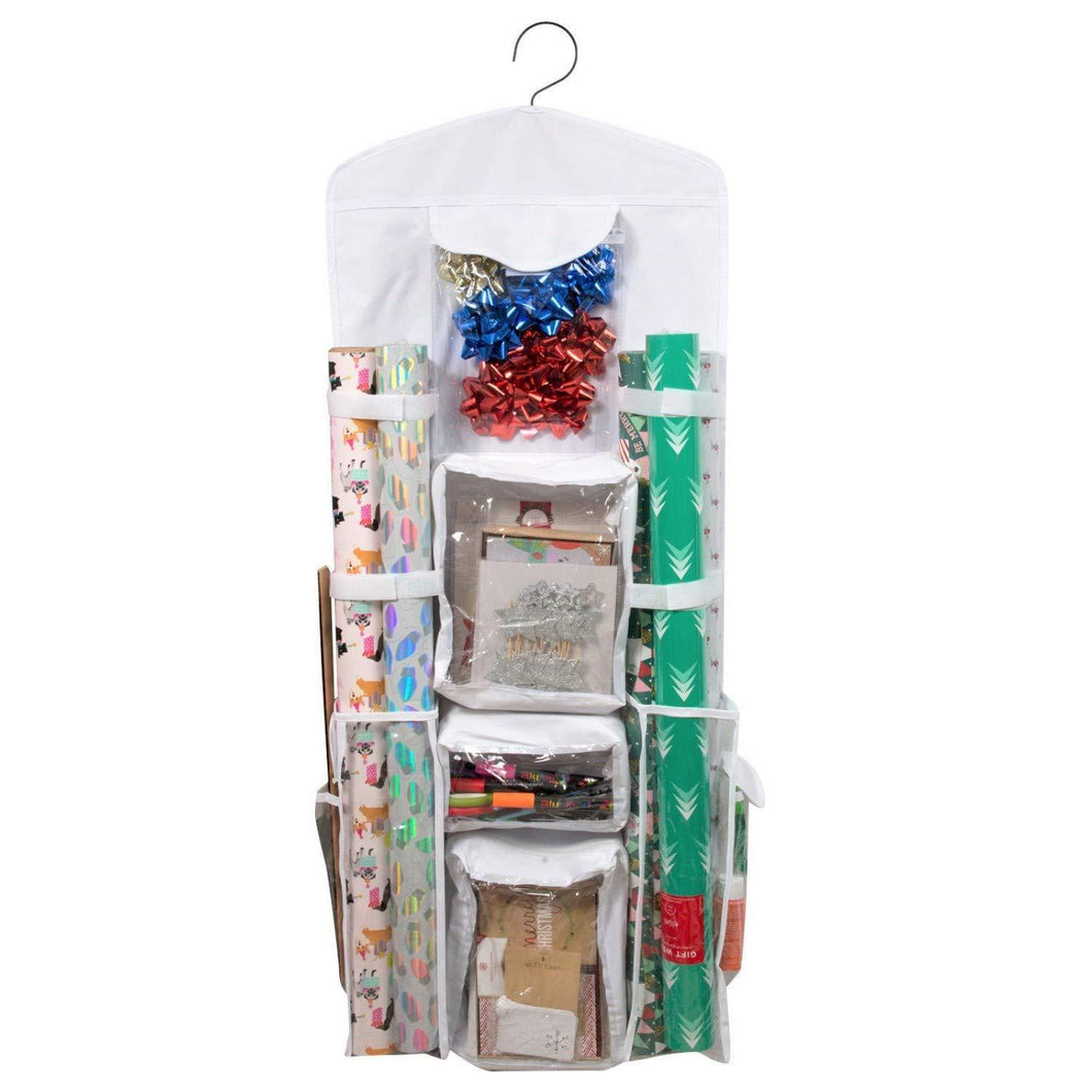 New houseables wrapping paper storage gift wrap organizer 10 pockets 43 x 17 white clear plastic home closet organization hanging craft holder for christmas decorations ornaments ribbons