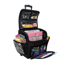 Load image into Gallery viewer, Featured everything mary wit deluxe teal geometric rolling organizer papercrafting storage tote for paper binder tools scissors stamps telescoping handle with dual wheels craft case
