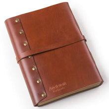 Load image into Gallery viewer, Shop for unique genuine leather handmade diary journal travel notebook sketchbook with strap bind and key style buckle stitched by hand with craft paper red brown a5 blank craft paper