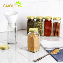 Load image into Gallery viewer, New 12 square clear glass bottles containers jars 4oz with gold metal lids and shaker tops empty organizer set deluxe decorative modern spices seasoning food crafts gifts
