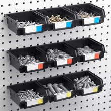 Load image into Gallery viewer, Amazon best pegboard bins 12 pack black hooks to any peg board organize hardware accessories attachments workbench garage storage craft room tool shed hobby supplies small parts