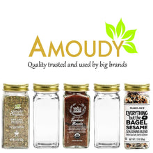 Load image into Gallery viewer, Order now 12 square clear glass bottles containers jars 4oz with gold metal lids and shaker tops empty organizer set deluxe decorative modern spices seasoning food crafts gifts