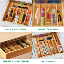 Load image into Gallery viewer, Buy bamboo kitchen drawer organizer expandable silverware organizer utensil holder and cutlery tray with grooved drawer dividers for flatware and kitchen utensils by royal craft wood